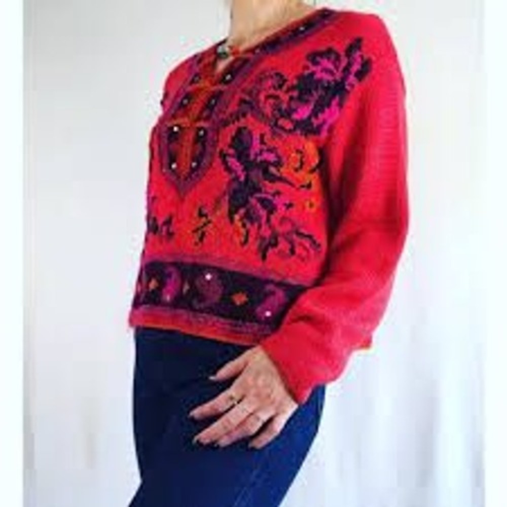 Vintage Carole Little Red Floral Paisley Texture Sweater LARGE Granny Retro